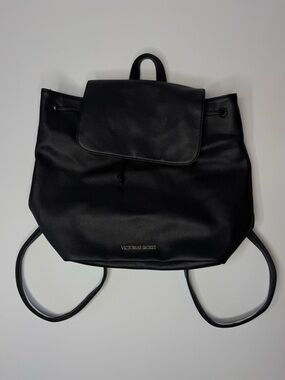 Victoria’s Secret Black Faux Leather Backpack Drawstring Flap Minimalist Bag